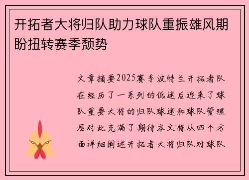 开拓者大将归队助力球队重振雄风期盼扭转赛季颓势