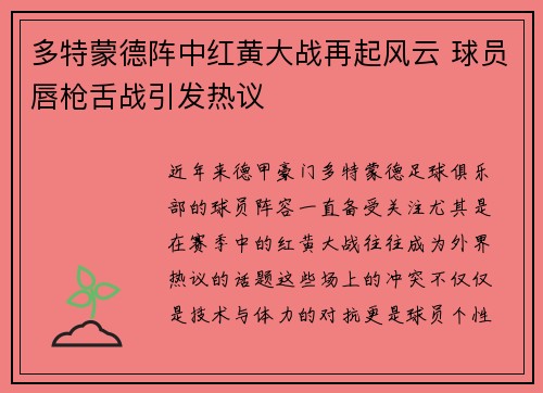 多特蒙德阵中红黄大战再起风云 球员唇枪舌战引发热议