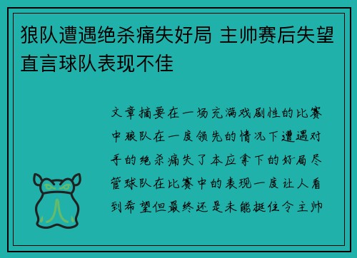狼队遭遇绝杀痛失好局 主帅赛后失望直言球队表现不佳