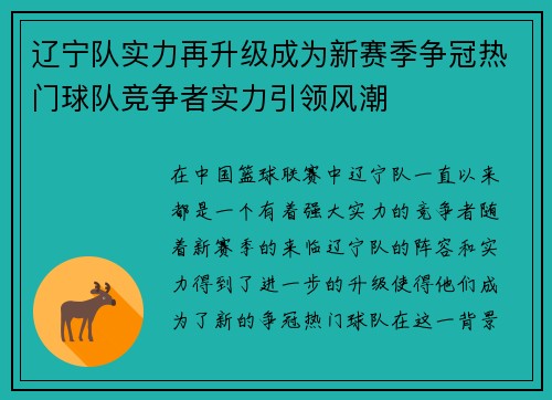 辽宁队实力再升级成为新赛季争冠热门球队竞争者实力引领风潮