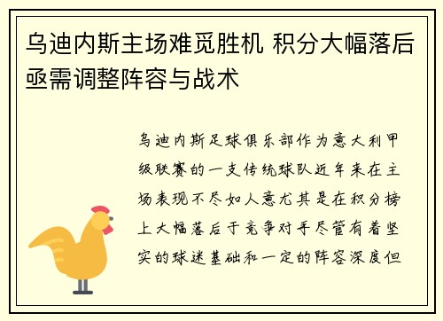 乌迪内斯主场难觅胜机 积分大幅落后亟需调整阵容与战术